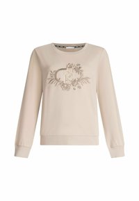 Felpa beige a maniche lunghe con ricamo floreale in un design centrale. Collo rotondo e polsini a costine all'orlo.