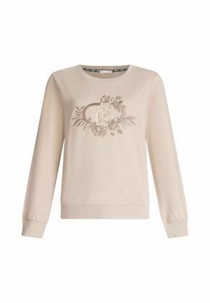 Beige sweatshirt med lange ærmer, der har blomsterbroderi i et centralt design. Rund halsudskæring og ribbede manchetter ved kanten.