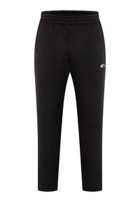 Černé sportovní kalhoty s elastickým pasem, těsným střihem a malým bílým logem na levé straně. Hladký materiál, délka po kotníky.