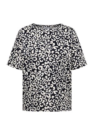Schwarzes, kurzärmeliges T-Shirt mit Rundhalsausschnitt und durchgehend unregelmäßigem weißem Leopardenmuster.