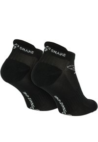Schwarze Knöchelsocken aus dehnbarem Stoff mit geripptem Muster, mit dem weißen "SNAKE"-Logo, das an der Knöchel- und Fußseite aufgedruckt ist.