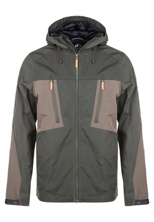 Olijfgroene en taupe jas met een ritssluiting aan de voorkant, twee borstzakken, een verstelbare capuchon en contrasterende stofpanelen.