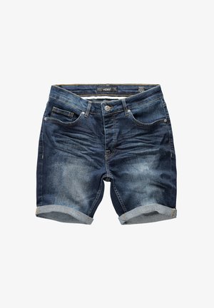 Denim shorts in dark blue with a faded design, features rolled cuffs, four pockets, and a button closure. Label reads "HUMY."