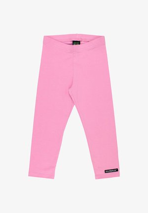 Leggings en coton biologique rose avec un design ajusté, une texture lisse et une taille réglable. Présente une petite étiquette de marque noire au bas.