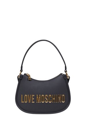 Sac à épaule en cuir noir avec un design incurvé, présentant l'inscription dorée "LOVE MOSCHINO" et une fermeture éclair. Comprend une seule sangle.