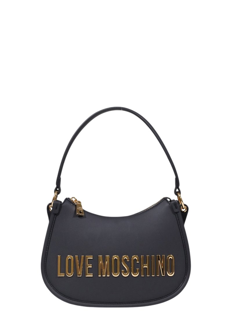 Borsa a spalla in pelle nera con design curvo, caratterizzata dalla scritta dorata "LOVE MOSCHINO" e chiusura con zip. Include una tracolla singola.