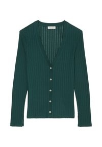 Vihreä ribbineulottu neuletakki, jossa on pitkät hihat, V-muotoinen pääntie ja napillinen edestä. Ohjelisänä neulospinta ja sivutaskut helmassa.