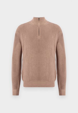 Heled pruun kootud pullover kõrge krae ja veeranditõmbe lukuga. Kraalid on ribikujulise tekstuuriga kraes, varrukate otstes ja alläärtes. Pehme materjal.