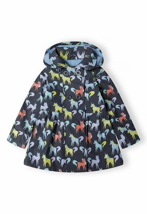 Colorful raincoat featuring a navy background with a pattern of various whimsical unicorns in pastel colors. Structural design includes a hood and buttons.
