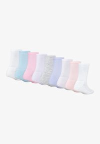 Sæt med ti par strømper i forskellige pastel farver: hvid, grå, pink, blå og lavendel. Har ribbet tekstur og crew længde design.