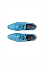 Blue lace-up shoes with a textured pattern of small shapes, rounded toe, and black inner lining. Smooth leather exterior.