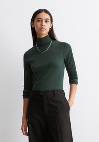 Dunkelgrüner Rollkragenpullover in schmaler Passform mit langen Ärmeln, kombiniert mit schwarzen Nadelstreifenhosen. Akzentuiert mit einer silbernen Kettenschnur.