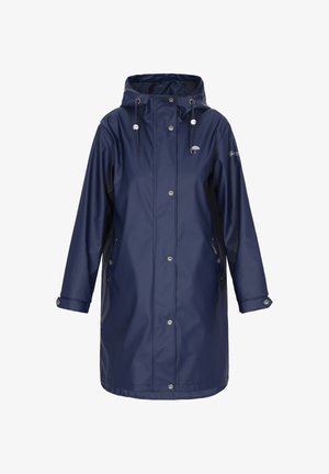 Tengerészkék hosszú esőkabát kapucnival, elülső patentos gombokkal, állítható mandzsettákkal, oldalzsebekkel és esernyő logóval a mellkason és az ujján.