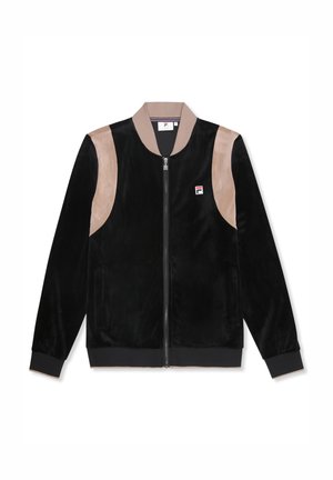 Chaqueta bomber de terciopelo negro con paneles de ante beige en los hombros, cuello acanalado, bolsillos laterales y sutil detalle del logo en el pecho.