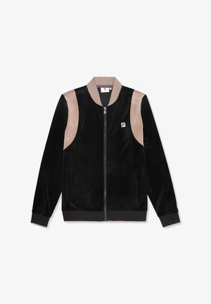 Chaqueta bomber de terciopelo negro con paneles de ante beige en los hombros, cuello acanalado, bolsillos laterales y sutil detalle del logo en el pecho.