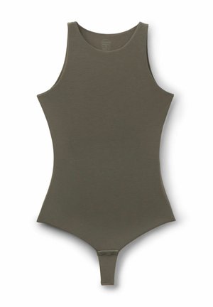 Body sans manches vert olive avec un col rond et des boutons-pression à l'entrejambe pour la fermeture.