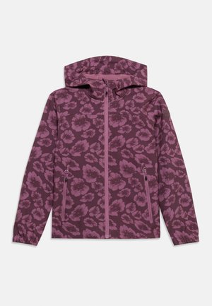 Lilla hættetrøje med lyserødt abstrakt blomsterprint, frontlynlås, lynlåslommer i siden og elastiske manchetter, vist fladt på en hvid baggrund.