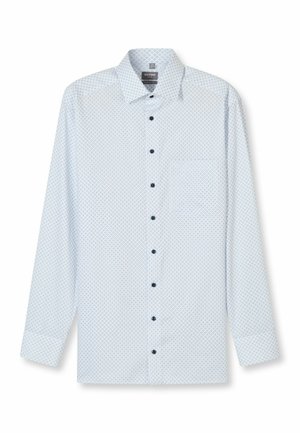 Himmelblaues Langarmhemd mit dezenten geometrischen Mustern, schwarzen Knöpfen, spitzem Kragen und einer einzelnen Brusttasche. Aus Baumwollmaterial.