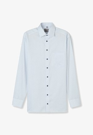 Himmelblaues Langarmhemd mit dezenten geometrischen Mustern, schwarzen Knöpfen, spitzem Kragen und einer einzelnen Brusttasche. Aus Baumwollmaterial.