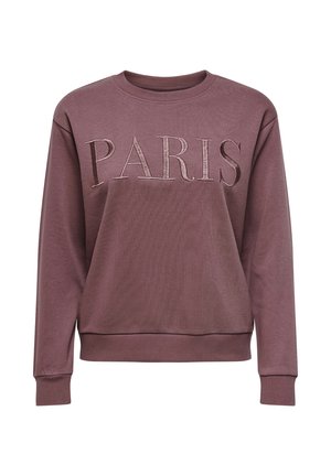 Sweatshirt em mauve com "PARIS" bordado em cor contrastante; apresenta um decote redondo e punhos e bainha em acabamento canelado. Textura suave.