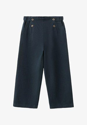 Tmavomodré nohavice s širokými nohavicami, s elastickým pásom, dvoma bočnými vreckami a štyrmi ozdobnými hnedými gombíkmi vpredu.