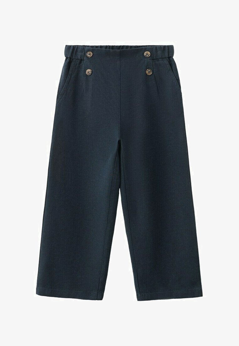 Pantalon large bleu marine avec une taille élastique, deux poches latérales et quatre boutons décoratifs marron à l'avant.