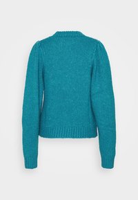 Türkis gestrickter Pullover mit rundem Halsausschnitt, puffigen Ärmeln und gerippten Säumen. Weiche Textur, lässiges Design und einfarbig.