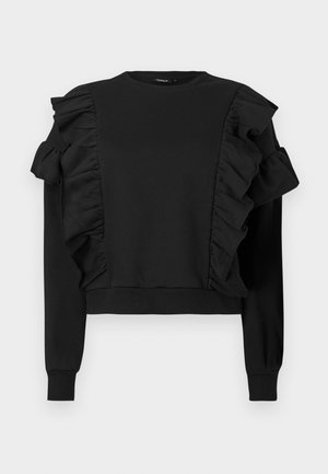 Felpa nera con dettagli arricciati sulle spalle e ai lati, con scollo tondo e maniche lunghe con polsini aderenti. Tessuto in misto cotone.