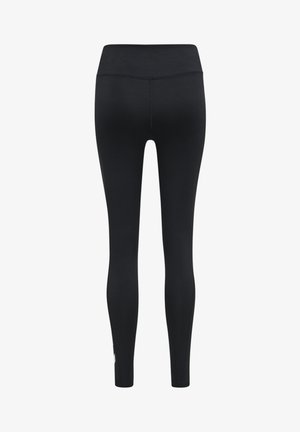 Schwarze Leggings aus dehnbarem Stoff; hoher Taillenbund; schlanker Schnitt mit minimaler Naht und Logo-Akzent nahe dem Saum.