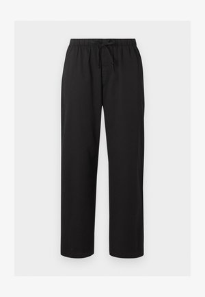 Locker sitzende schwarze Hose mit elastischem Bund und vorderem Kordelzug, gerades Bein-Design, keine sichtbaren Taschen oder Muster.