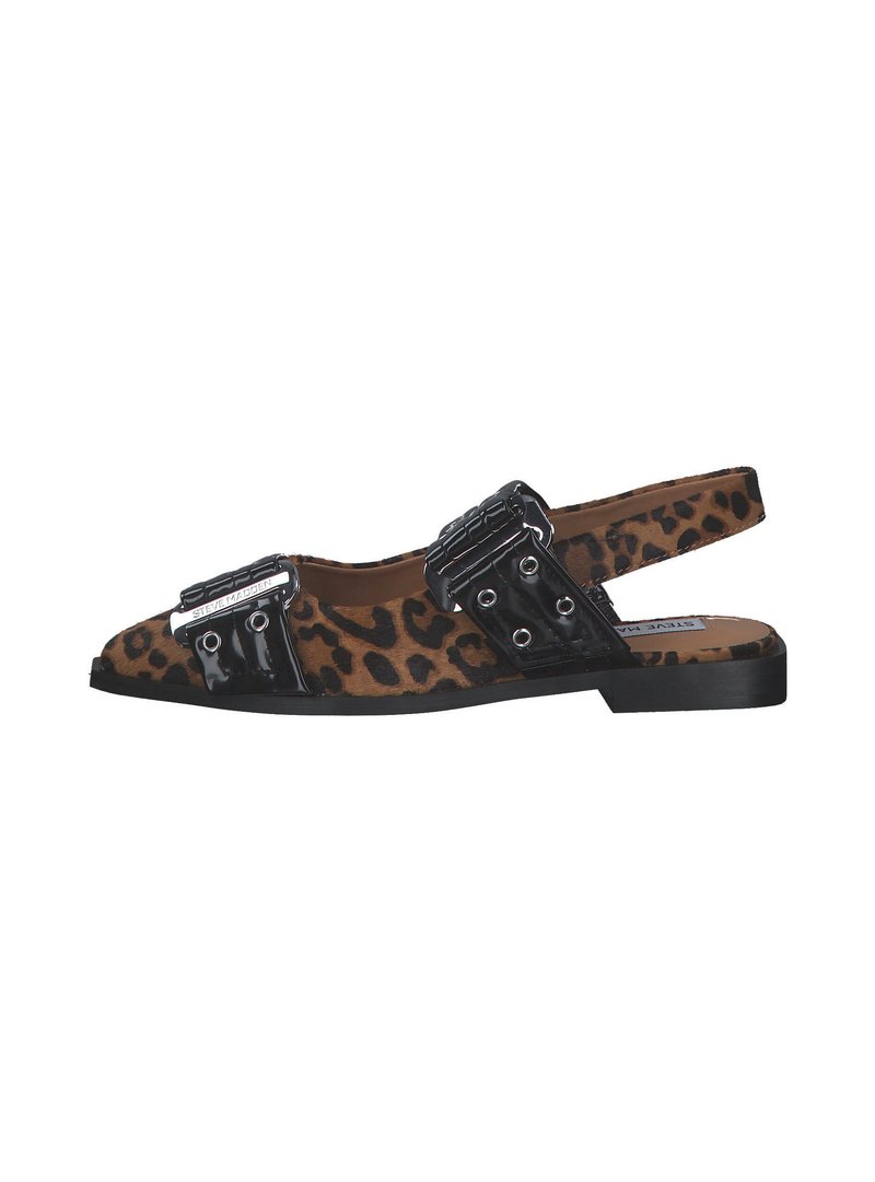 Leopard print slingback flat shoes feature black patent straps with distinctive hardware, open toe design, and a cushioned footbed.