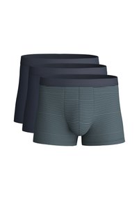 Drie paren herenboxershorts. Effen donkerblauw en een gestreept ontwerp met blauwe en grijze tinten. Zachte stof, elastische tailleband.