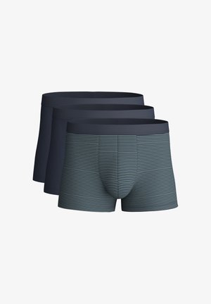 Drie paren herenboxershorts. Effen donkerblauw en een gestreept ontwerp met blauwe en grijze tinten. Zachte stof, elastische tailleband.