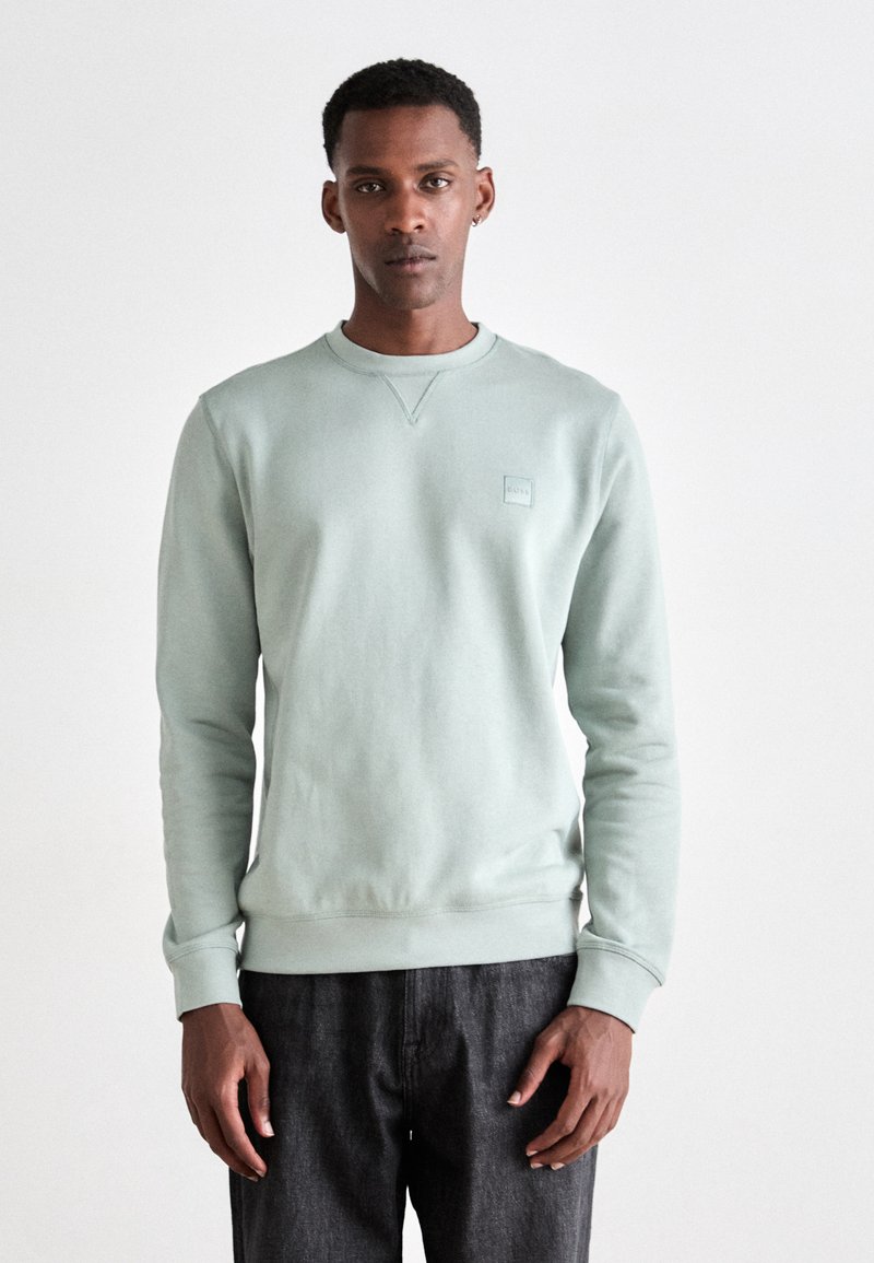 Man in een lichtgroene crewneck sweatshirt en donkere broek, staand tegen een effen witte achtergrond, recht naar voren kijkend.