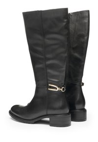 Black mid-calf leather boots with low block heels, side zipper, and gold buckle accent on the outer ankle.
