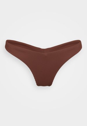 Brown ribbed bikini thong with a V-shaped front and thin side straps, featuring a smooth texture and minimalistic design.