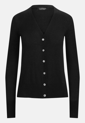 Black knitted cardigan with a v-neck, long sleeves, and six silver buttons down the front. Smooth texture with a fitted shape.