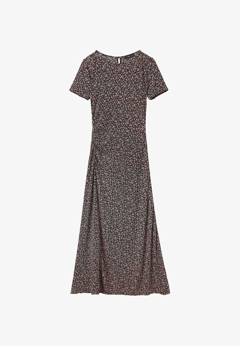 Robe midi noire à manches courtes avec un petit motif floral rose, dotée d’un col rond et d’une fermeture à bouton avec ouverture en forme de trou dans le dos.