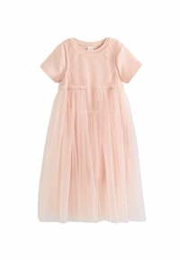 Abito rosa pallido con un top a maniche corte in tessuto morbido e una gonna in tulle trasparente a strati. La vita elastica garantisce una vestibilità comoda.