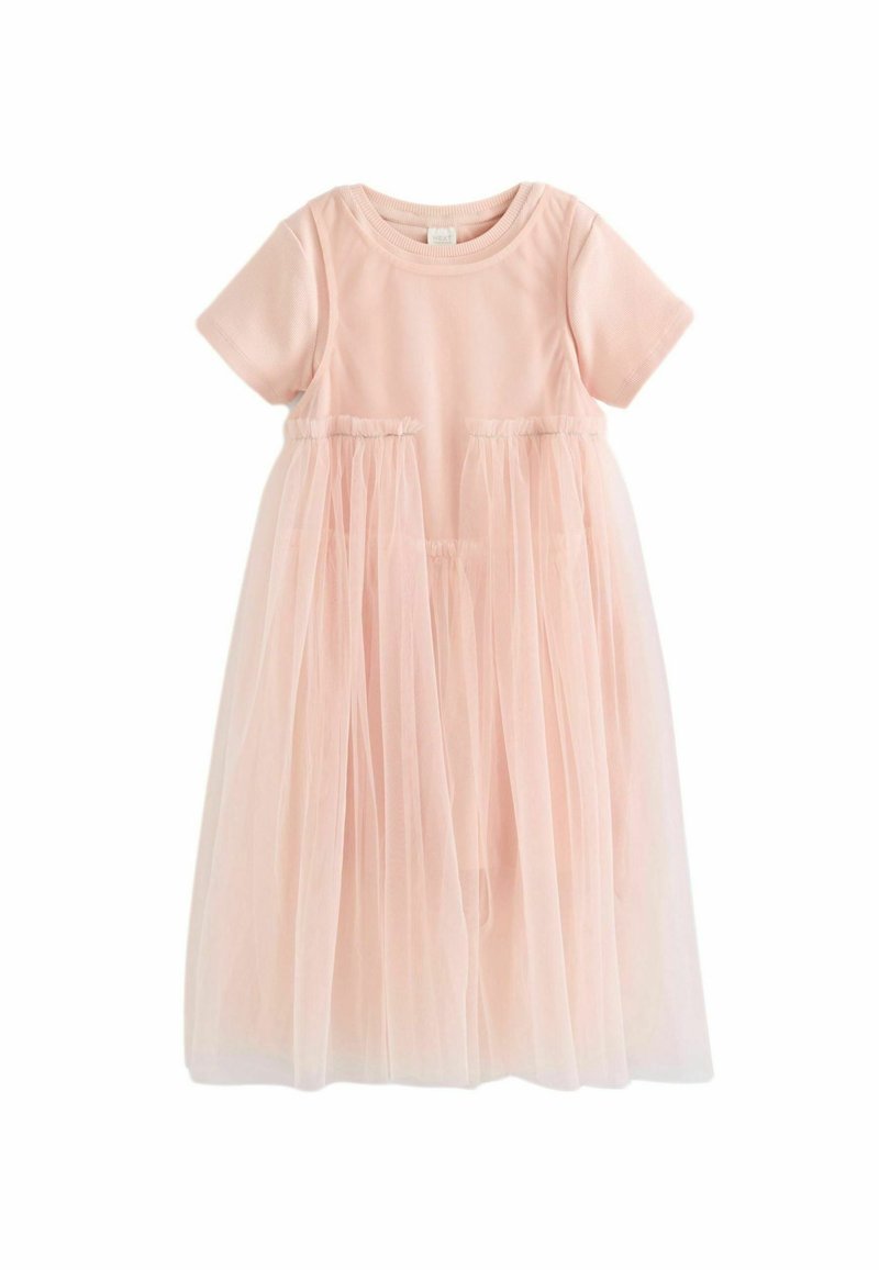 Abito rosa pallido con un top a maniche corte in tessuto morbido e una gonna in tulle trasparente a strati. La vita elastica garantisce una vestibilità comoda.