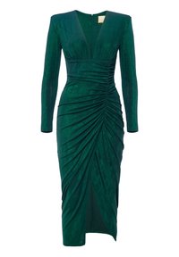 Zielona sukienka w odcieniu szmaragdu z długimi rękawami, głębokim dekoltem w kształcie litery V, marszczeniem i rozporkiem po boku. Wykonana z miękkiego, lekko połyskującego materiału. Zamek z tyłu.
