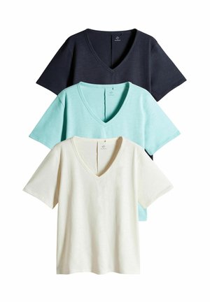 Drei V-Ausschnitt-T-Shirts in marineblau, hellblau und cremefarben, aus weichem Stoff mit kurzen Ärmeln und einer lässigen Passform.