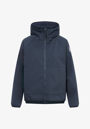 Chaqueta con cremallera en azul marino, con capucha, hecha de tejido texturizado. Presenta puños elásticos, bolsillos delanteros y un logo en la manga.