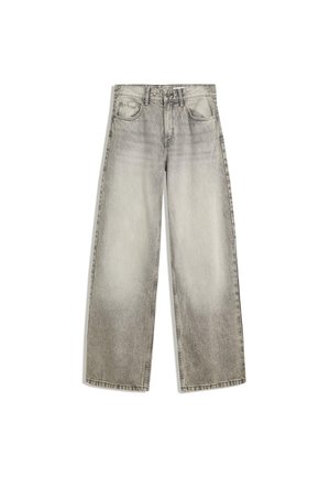 Széles szárú farmernadrág kopott szürke denim anyagból. Klasszikus öt zsebes kialakítással, övhurkokkal, gombos záródással és enyhén megviselt felülettel rendelkezik.