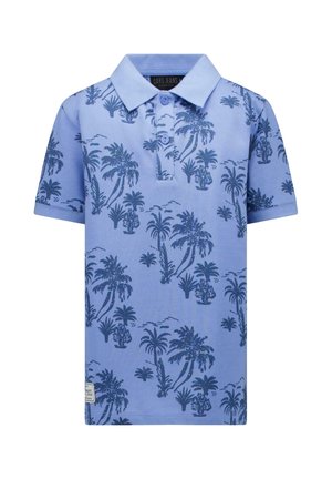 Lichtblauw katoenen poloshirt met een patroon van donkere palmbomen. Knopenkraag, korte mouwen en een rechte zoom.