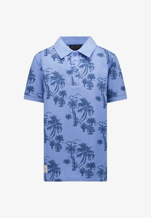 Lichtblauw katoenen poloshirt met een patroon van donkere palmbomen. Knopenkraag, korte mouwen en een rechte zoom.
