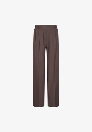 Brązowe spodnie z szerokimi nogawkami, charakteryzujące się gładką teksturą, fałdami z przodu i klasycznym pasem.
