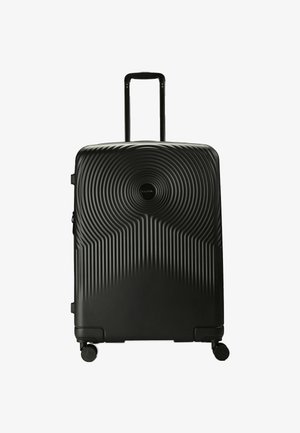 Schwarzern Hartschalenkoffer mit konzentrischen Kreismuster, ausziehbarem Griff und vier schwenkbaren Rädern auf einem weißen Hintergrund.