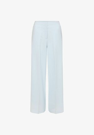 Pantaloni a gamba larga azzurri chiaro con vita alta e dettaglio con cucitura frontale su sfondo bianco semplice.