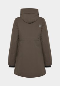 Brown hooded winter coat with long sleeves, a horizontal back flap, and a small reflective logo on the upper right back.
